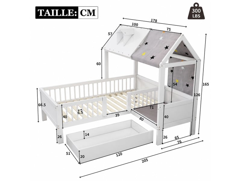  Lit cabane en bois massif, lit simple avec tiroirs et rangement, 90x200 cm, pour enfant, sans matelas, blanc  - Conforama D