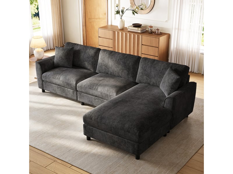  Canapé d'angle 3 places en tissu chenille gris, 256×137×79 cm, méridienne réversible, assise large 90 cm, sans montage  - Conforama W