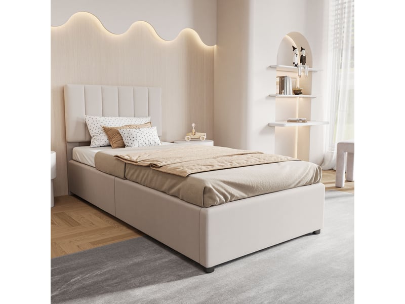  Lit enfant simple 90x200 cm avec rangements intégrés et tête de lit réglable en hauteur, tissu lin, beige, sans matelas  - Conforama W