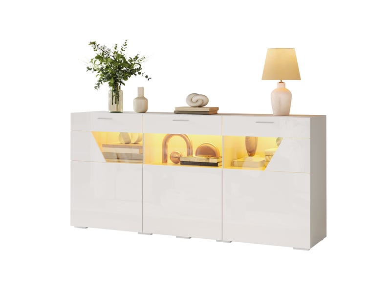  Buffet 3 portes avec led et 6 compartiments, 160x38x78 cm blanc  - Conforama A