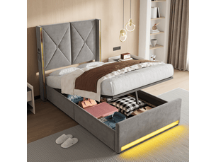 Lit coffre simple 90×200 cm avec rangement, led réglable, usb et type-c - okmyhome- velours gris foncé, sans matelas