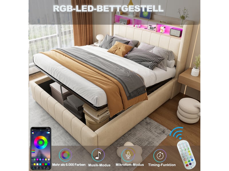  Lit capitonné 140 x 200 cm beige en lin, led multicolore, usb et type-c, coffre hydraulique, sans matelas  - Conforama C