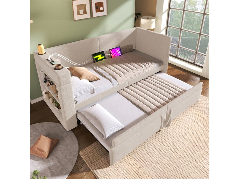  Lit banquette 90x200 beige lit gigogne extensible avec ports usb et porte-gobelets  - Conforama B