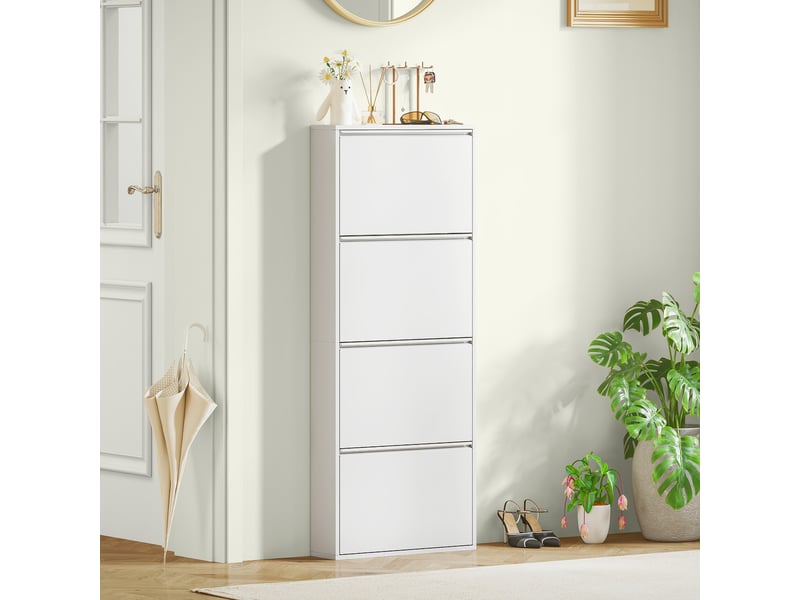  Meuble à chaussures étroit métal blanc, 4 tiroirs inclinables, capacité 8 paires. Idéal pour l'entrée et le couloir  - Conforama C