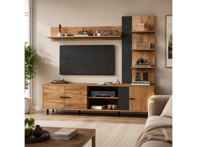  Meuble tv avec 3 placards et étagères ouvertes pour salon 187,5×40×167 cm bois et noir  - Conforama B