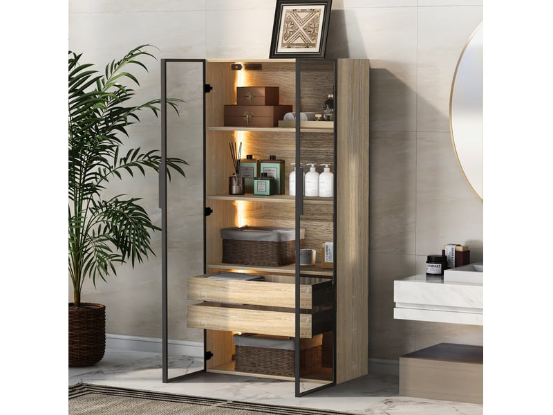  Meuble de rangement suspendu ou à poser 74x36x155 cm, pour salle de bain, en mdf naturel, portes vitrées, éclairage led  - Conforama E