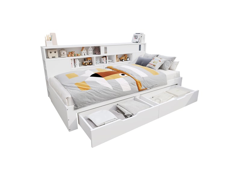  Modenvie lit banquette enfant 90x200 cm - avec tiroirs, bibliotheque et placard lateral, sans matelas - blanc  - Conforama A