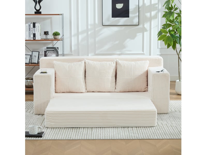 Canapé modulaire 3 places avec porte-gobelets et poches latérales, sans cadre en velours côtelé beige - Conforama E