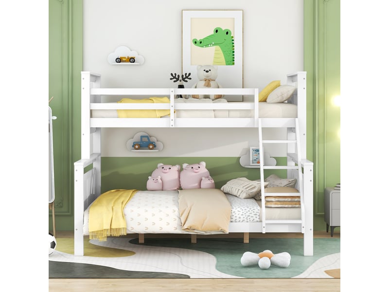  Lit enfant 90 (140)x200 cm avec échelle et barrières, lit superposé convertible en deux lits indépendants, lit simple, blanc  - Conforama D