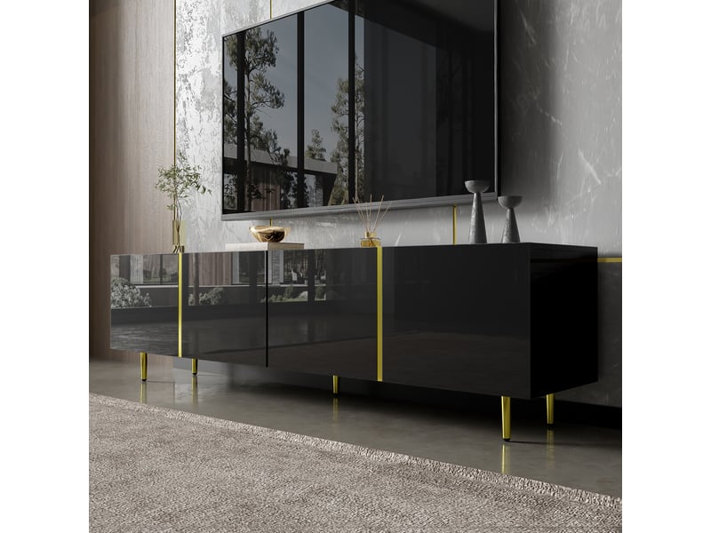  Meuble tv design 180 cm noir laqué - portes décor noir et doré, élégant  - Conforama E