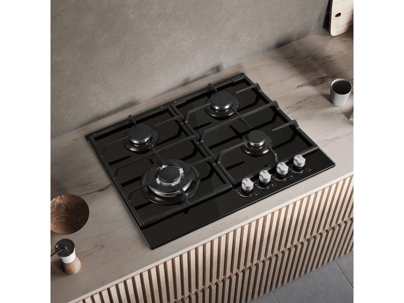 Plaque de cuisson gaz 4 feux, table de cuisson gaz 58 cm en verre trempé noir, encastrable ou indépendante, allumage électronique - Conforama E