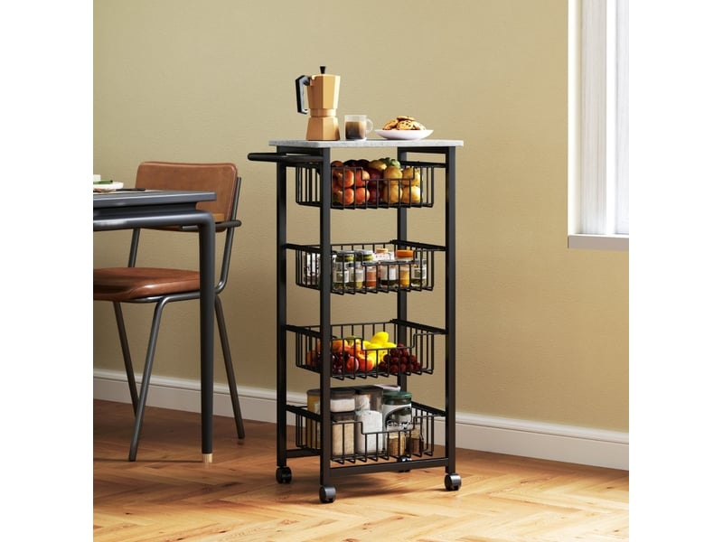  Desserte de cuisine 49,5x31x91 cm sur roulettes 4 paniers coulissants mdf métal gris clair et noir  - Conforama C