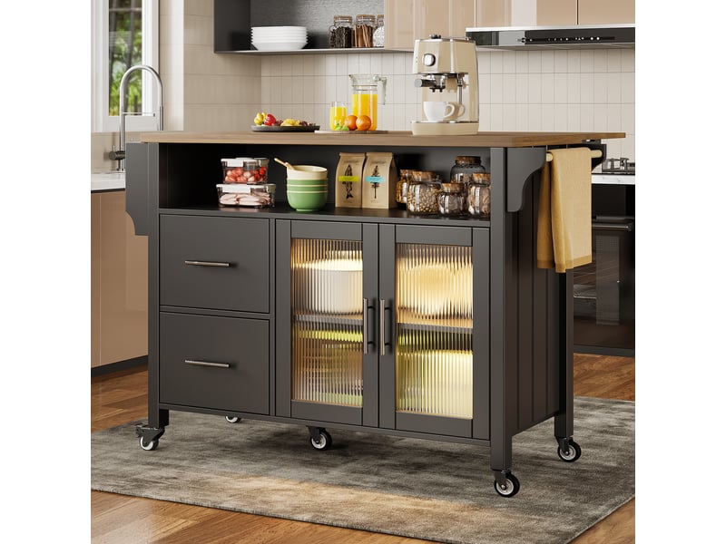  Îlot de cuisine noir avec plateau rabattable, portes en verre changhong, éclairage led intégré et porte-serviettes latéral  - Conforama C