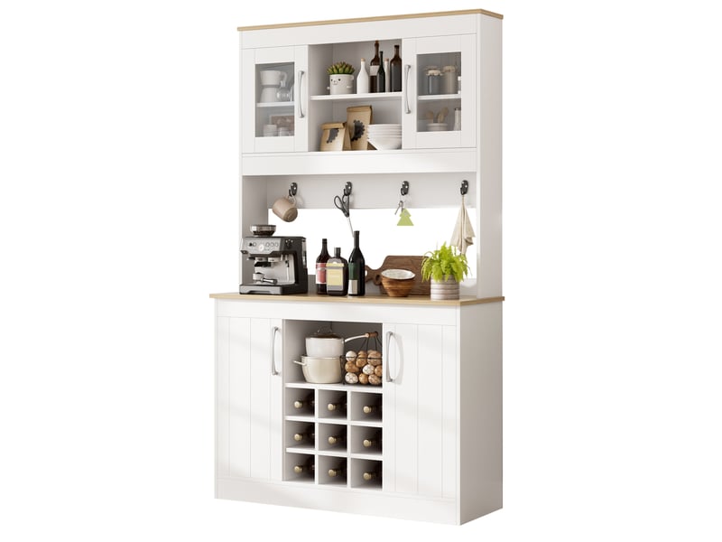  Buffet de cuisine 106x39x175 cm, portes en verre, casier à bouteilles, pour cuisine, salon, aggloméré, blanc et naturel  - Conforama A