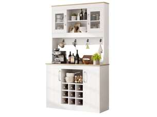 Buffet de cuisine 106x39x175 cm, portes en verre, casier à bouteilles, pour cuisine, salon, aggloméré, blanc et naturel