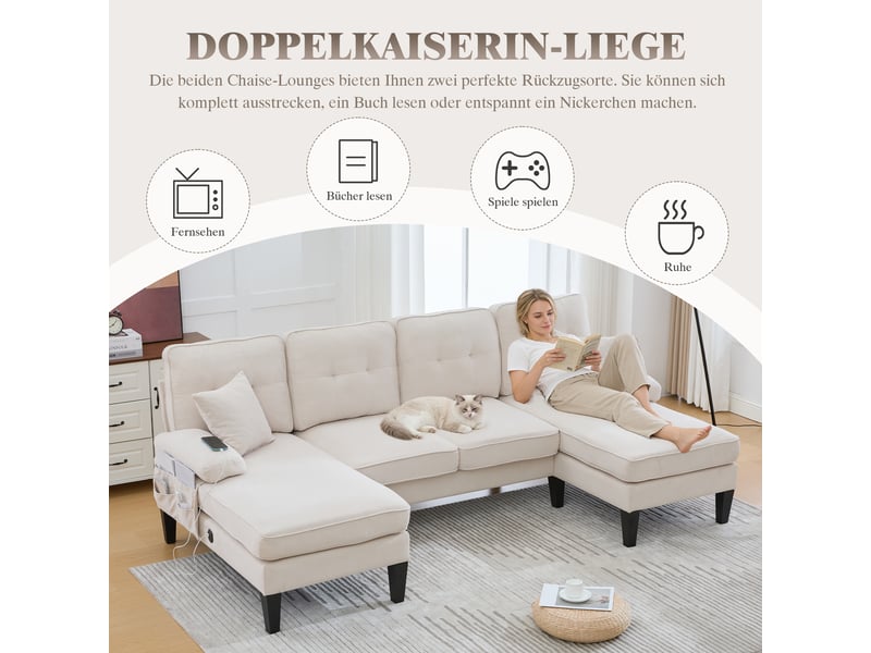 Canapé d'angle, canapé 4 places : avec méridienne, forme u, beige, en lin - Conforama E