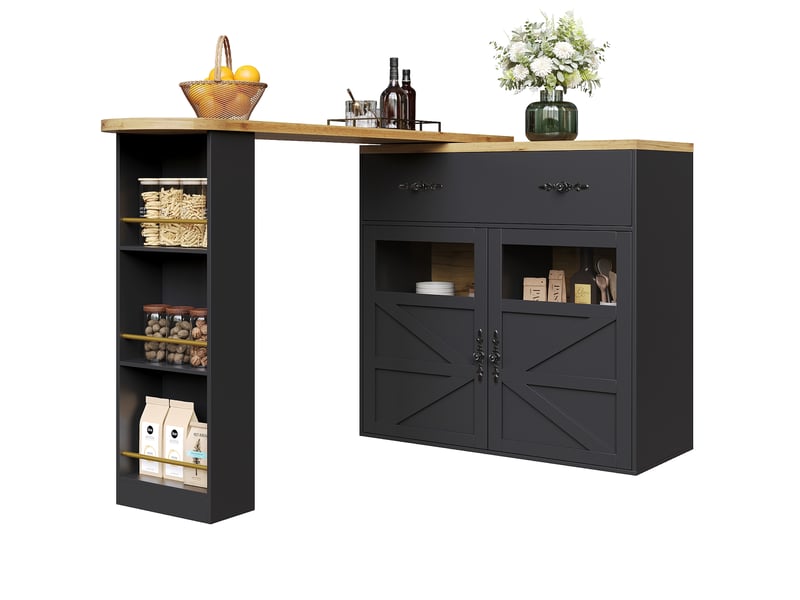  Table bar extensible 204x39x104 cm noir mdf, pivotante à 360° avec rangements pour cuisine et salon  - Conforama A
