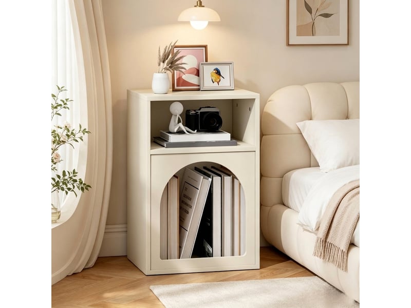 Table de chevet crème avec niche ouverte, design arrondi en mdf, 40x30x60 cm  - Conforama B