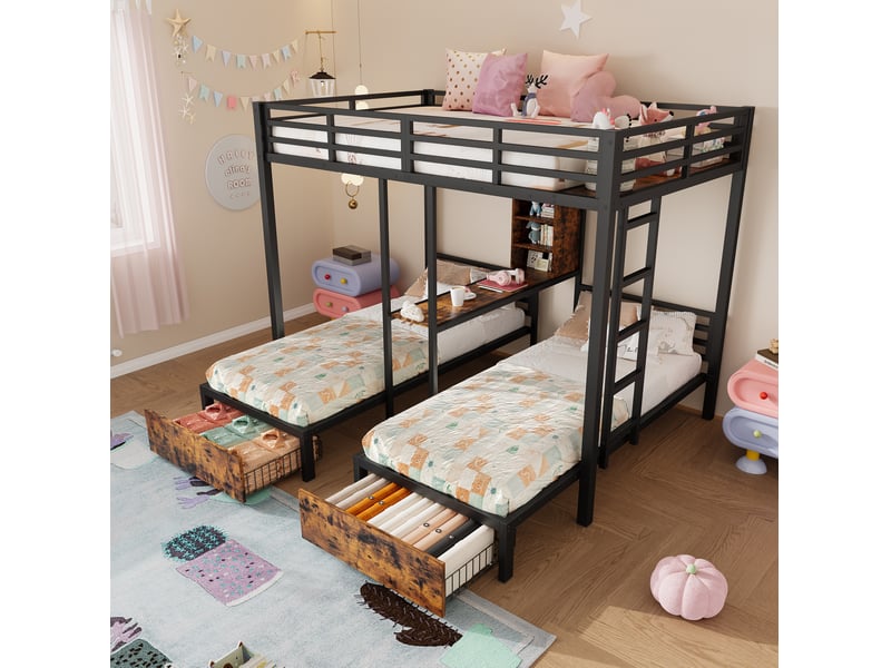  Lit superposé 3 couchages 140x200 + 90x200 cm, métal et mdf, noir, sans matelas  - Conforama B