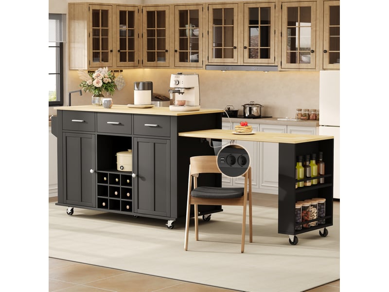  Desserte de cuisine extensible avec 3 tiroirs, range-bouteilles et prises usb, sur 7 roulettes, noir et naturel  - Conforama C