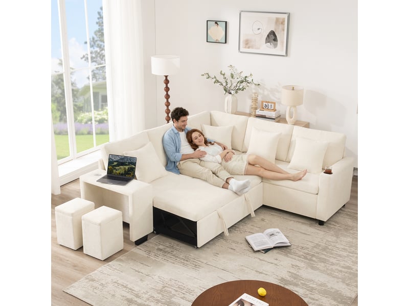 Canapé d'angle convertible 5 places, tissu chenille beige & canapé lit modulable, avec coffre de rangement et ports usb pour salon - Conforama B