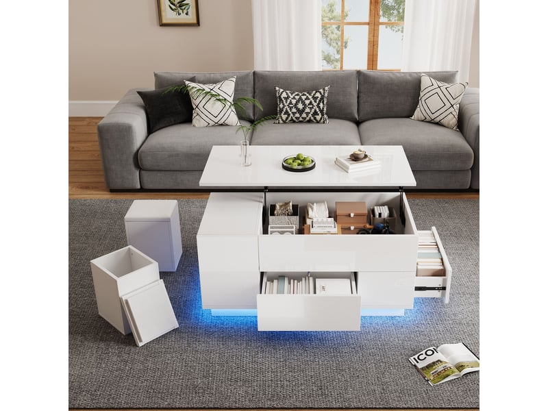 Table basse relevable 100x50 cm blanche brillante avec led, 2 tiroirs, rangement caché et 2 poufs intégrés, meuble salon multifonction IKSETERA TRADING LTD - Conforama D