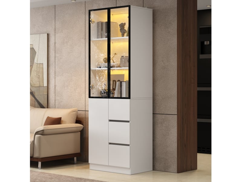  Buffet 60x40x180 cm avec portes, cadre en aluminium, éclairage led contrôlable, panneau de particules, blanc  - Conforama B
