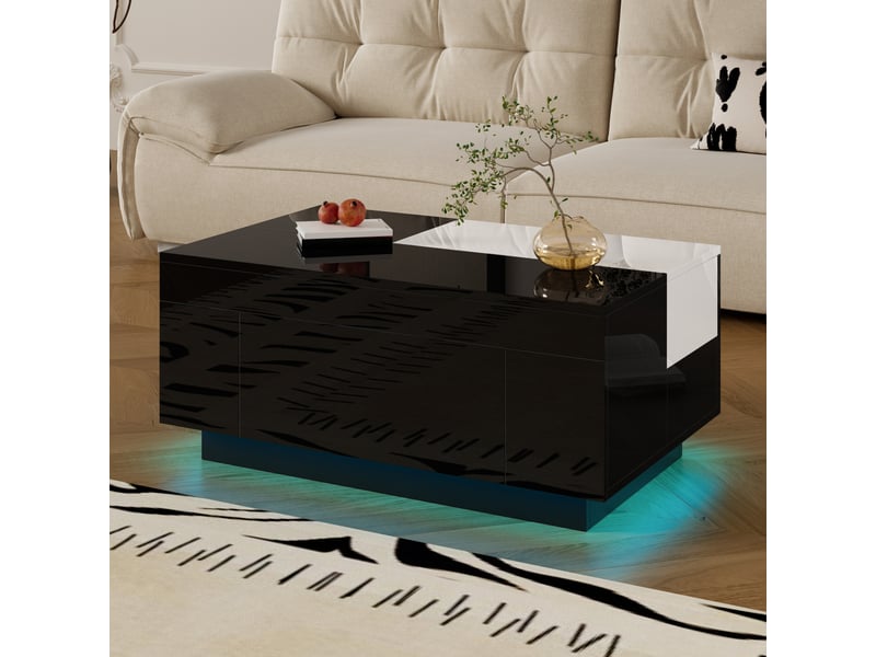  Table basse noir, rangement, éclairage led, fermeture douce, extensible, design moderne, plateau noir - mdf - 80x50x35.5cm - salon  - Conforama D