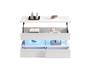 Table basse relevable 100x50x46 cm avec rangement caché et 2 tiroirs, éclairage led, style simple, salon, mdf, blanc