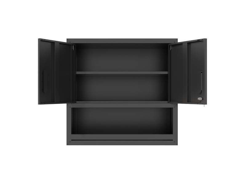 Armoire à outils murale 75 x 30 x 77 cm noire en métal, 2 portes verrouillables et rangement ouvert - Conforama D