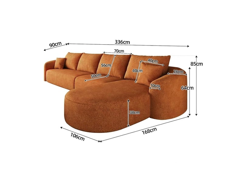  Canapé d'angle en l 4 places orange modulable 336 cm en tissu chenille  - Conforama E