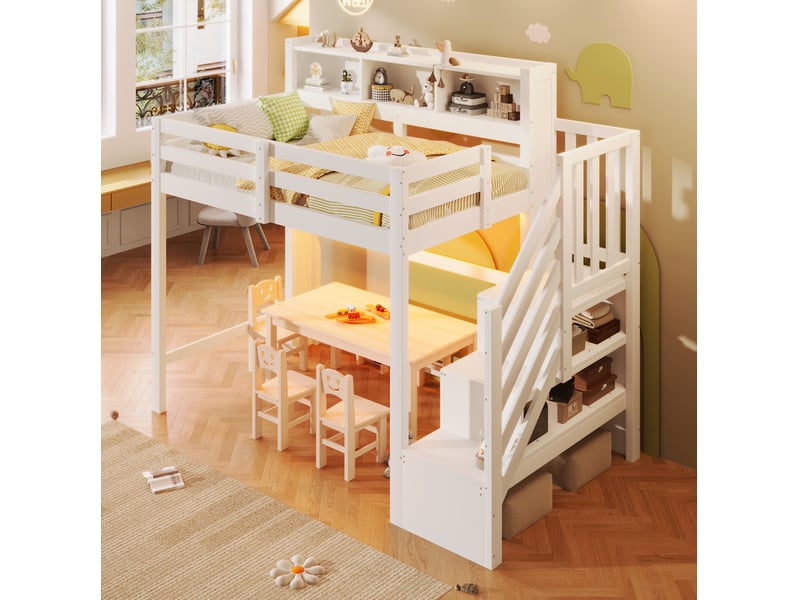  Lit mezzanine 90x200 cm avec led et escalier de rangement blanc  - Conforama E