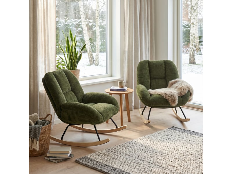 Lot de 2 fauteuil à bascule scandinave, rocking chair en tissu chenille, pieds en bois d’hévéa, vert - Conforama B