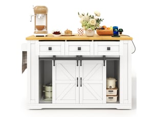 Ilot central de cuisine - 130x80x87cm - desserte avec plateau rabattable portes coulissantes prises et usb - blanc et bois