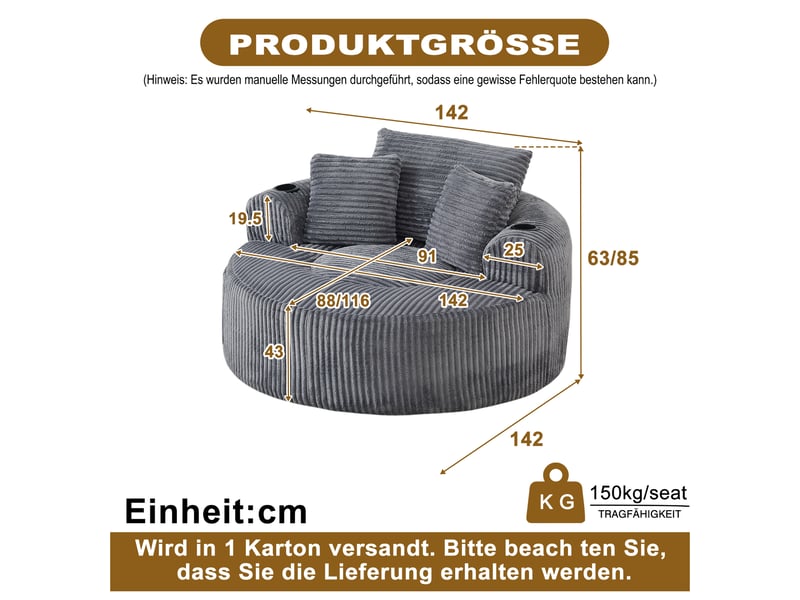  Canapé 1 place rond avec 2 porte-gobelets et 3 coussins, poches latérales, velours côtelé, gris OMNIGLINT TRADING LTD - Conforama C
