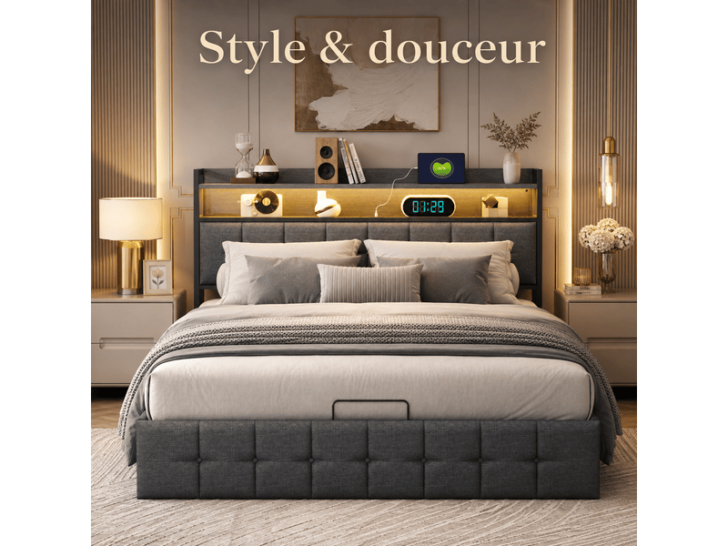  Lit coffre double 140x190cm avec  led et prise usb tpye c - rangement de chevet et tête de lit rembourré- hydraulique - lit adulte 2 personnes - tissu - gris - lit capitonné, lit 2 places, cadre de lit, lit ado, sommier à lattes…  - Conforama E
