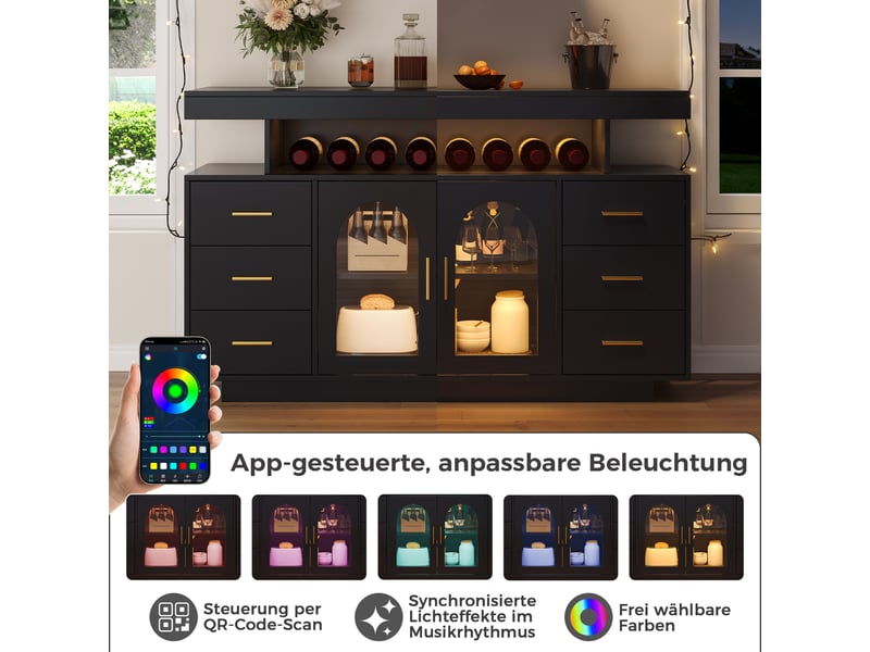 Buffet bar 140x40x82 cm avec led, 6 tiroirs, 2 portes vitrées et étagère ouverte  - Conforama E