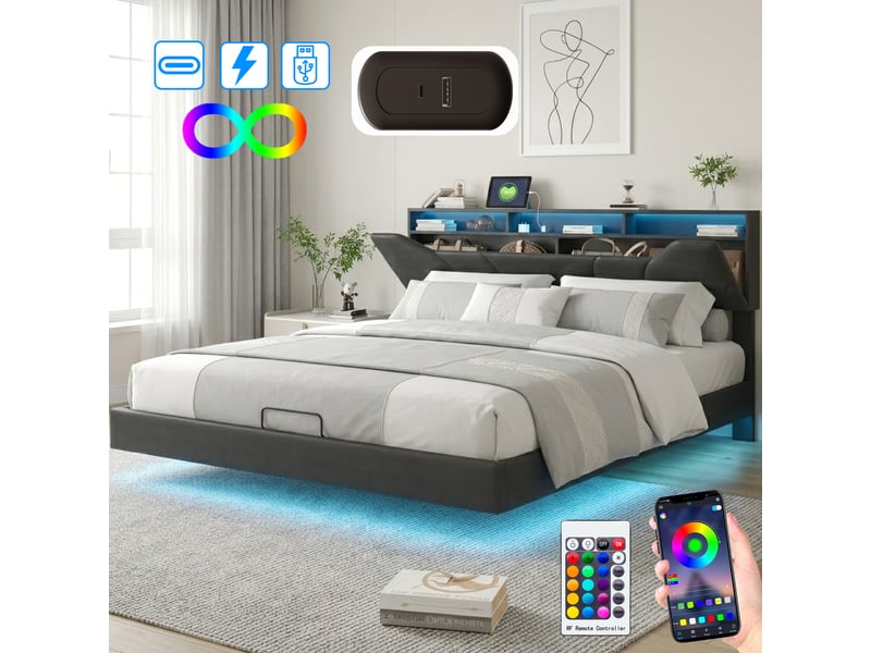 Lit 140x190 cm avec led et port usb,lit flottant ,lit double,lit suspendu,tête de lit avec rangement,pu,noir  - Conforama B