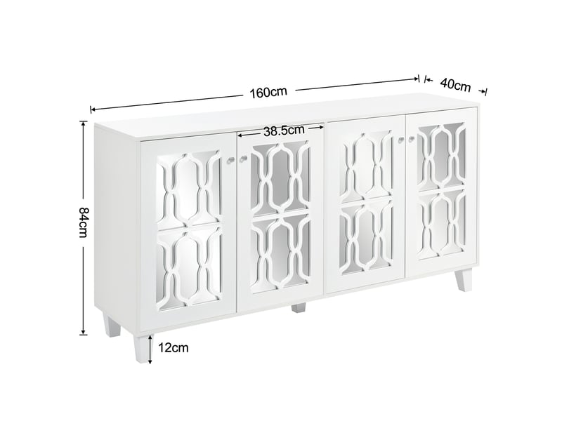 Buffet 4 portes avec étagère réglable pour salon en mdf 160×40×84 cm blanc fini miroir - Conforama E