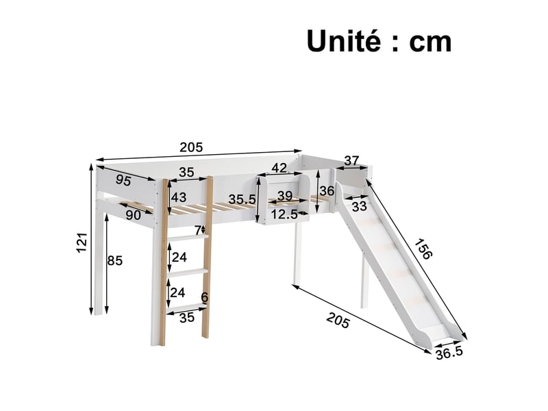 Lit mezzanine en pin et mdf, lit simple avec toboggan, échelle, étagère et barrières, 200×90 cm, sans matelas - Conforama D