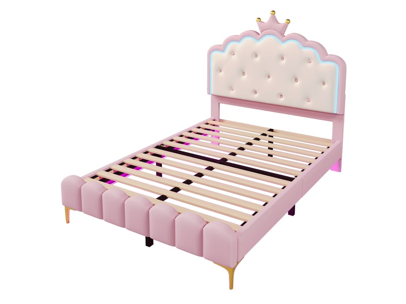  Lit rembourré rose 140x200 cm style princesse avec led et sommier à lattes  - Conforama E