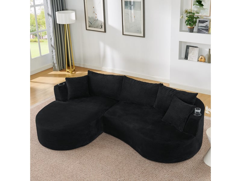 Canapé compressé 3 places, méridienne à gauche + 2 places, velours côtelé noir, porte-gobelet et coussins, sans montage 82418-BLK-LC - Conforama D