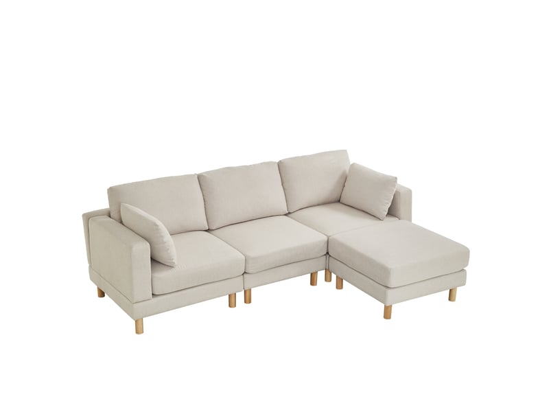  Canapé d'angle 3 places scandinave beige avec pouf 235x152x78 cm - tissu polyester et pieds en bois massif  - Conforama W