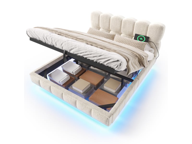 Lit coffre bubble en chenille beige 140x190 cm avec led, usb et type-c Fay Lum - Conforama A
