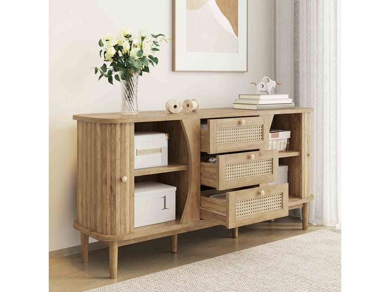 Buffet bas 140,5x40x76 cm - meuble de rangement en bois avec étagères réglables, portes coulissantes et 3 tiroirs cannage rotin- bois naturel - Conforama E