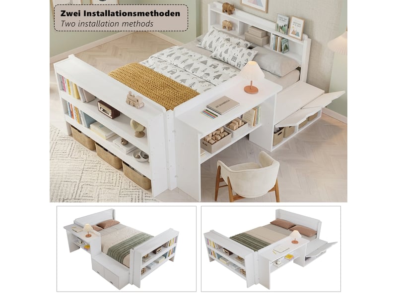  Lit combiné 1 place 120×200 cm avec bureau, rangement et étagère - okmyhome- blanc, sans matelas, bois  - Conforama E