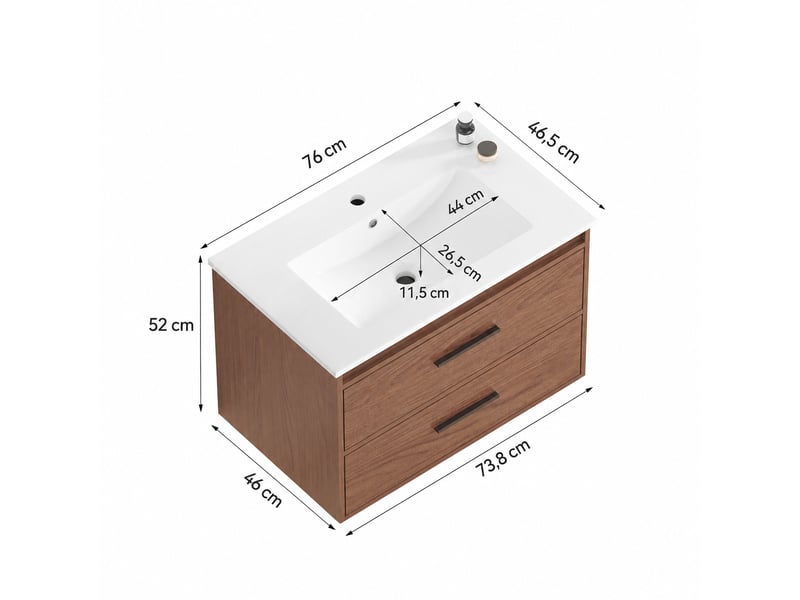  Meuble de salle de bains 75 cm brun rouge avec 2 tiroirs  - Conforama C