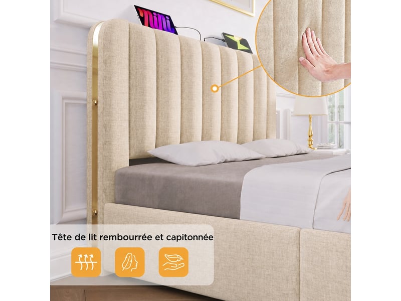 Lit rembourré beige 160 x 200 cm avec 4 tiroirs, ports usb et usb-c - Conforama E