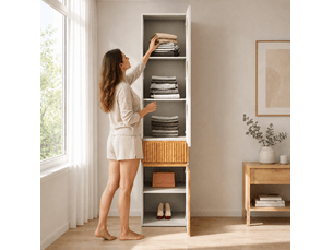 Armoire colonne 45x50x200 cm, 2 portes, 1 tiroir, mdf et panneau de particules, gris clair et naturel compact, chambre