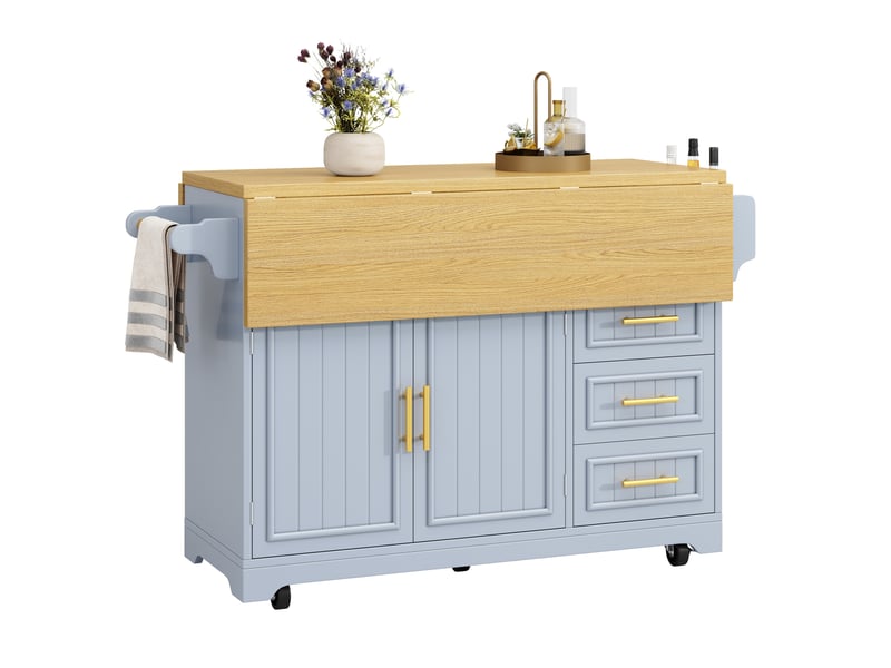  Desserte 2 portes 3 tiroirs - îlot de cuisine mobile à plateaux rabattables 143x40x95 cm mdf bleu gris  - Conforama R
